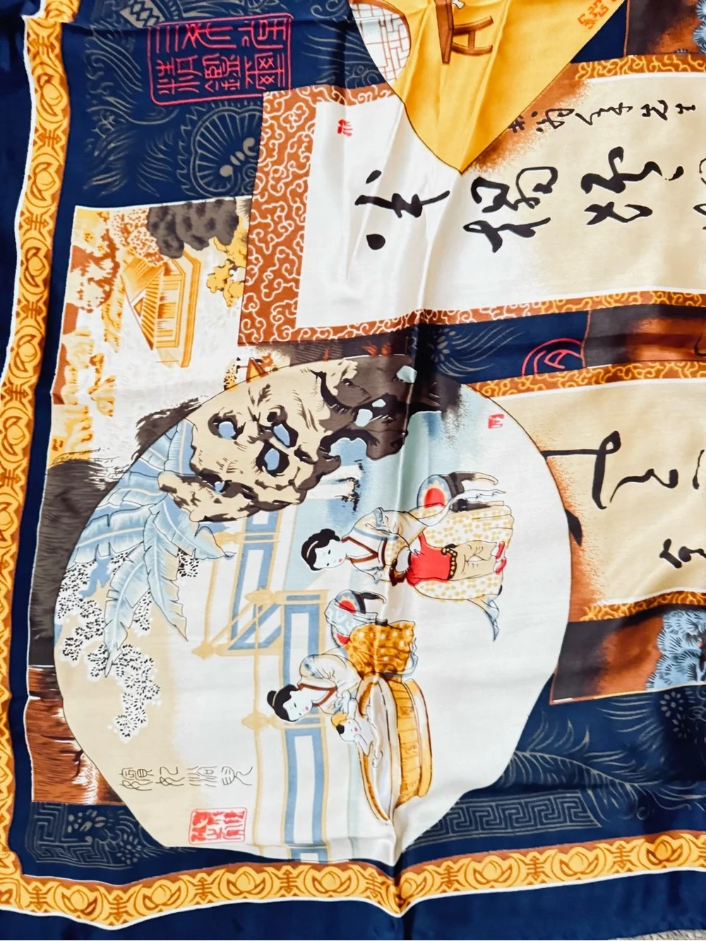 Tongyu Silk-scarf. 40 by 40 inches. Never worn.Colors are slightly muted